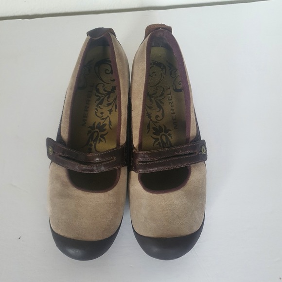 Merrell Plaza Bandeau Mary Jane Sz 9 Women Brown Wedge Taupe Suede Leather - Picture 2 of 14